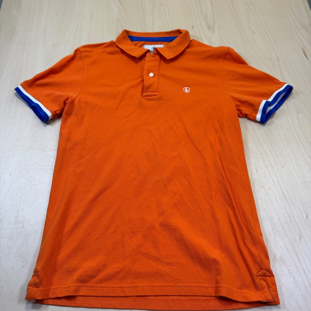 EL GANSO Mens Orange‎ Short Sleeve Polo Shirt Blue Stripe Collar Cuff Size M